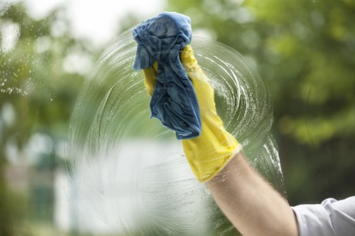 Trained carpet cleaner using protective equipment during a cleaning job