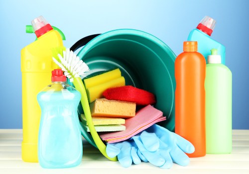 Cleaning products and protective equipment arranged safely